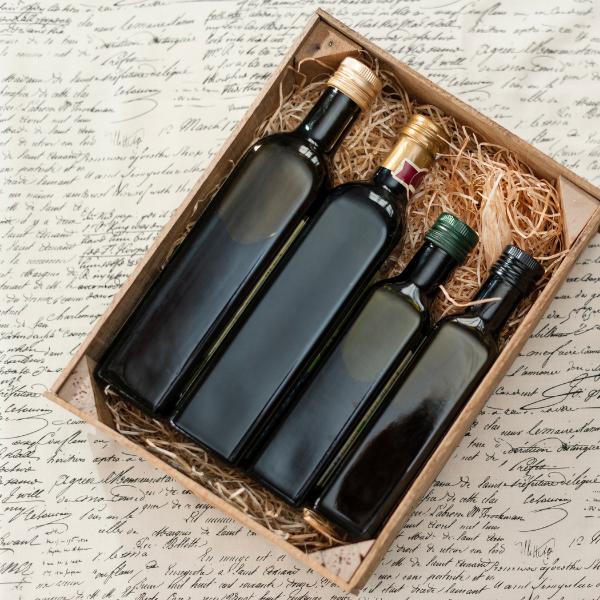 olive oil bottles in box